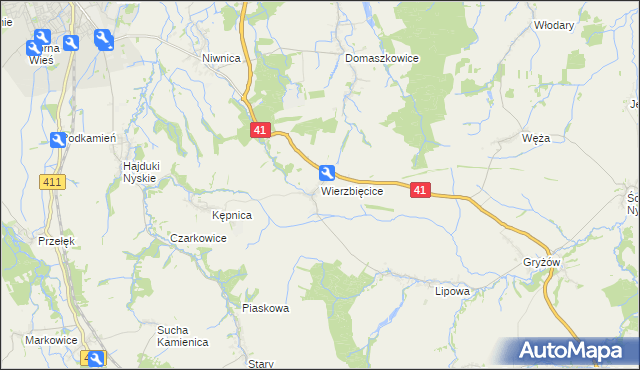 mapa Wierzbięcice gmina Nysa, Wierzbięcice gmina Nysa na mapie Targeo