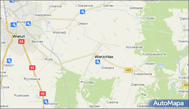 mapa Wierzchlas powiat wieluński, Wierzchlas powiat wieluński na mapie Targeo