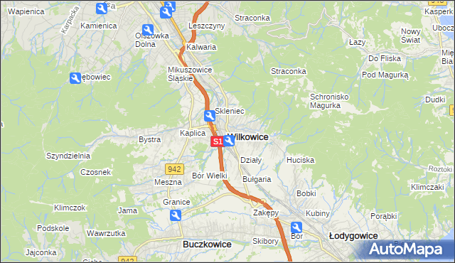 mapa Wilkowice powiat bielski, Wilkowice powiat bielski na mapie Targeo