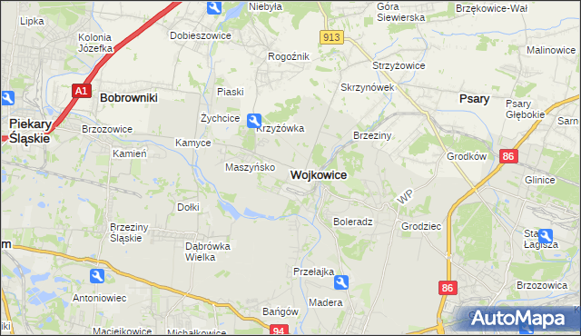 mapa Wojkowice powiat będziński, Wojkowice powiat będziński na mapie Targeo