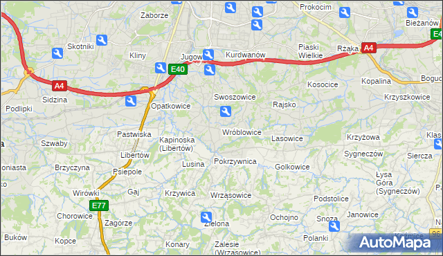 mapa Wróblowice gmina Kraków, Wróblowice gmina Kraków na mapie Targeo