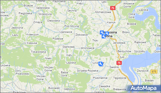 mapa Wronowice gmina Łososina Dolna, Wronowice gmina Łososina Dolna na mapie Targeo
