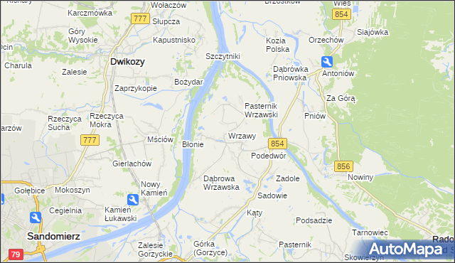 mapa Wrzawy gmina Gorzyce, Wrzawy gmina Gorzyce na mapie Targeo