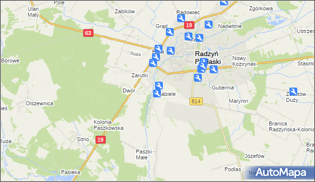 mapa Zabiele gmina Radzyń Podlaski, Zabiele gmina Radzyń Podlaski na mapie Targeo