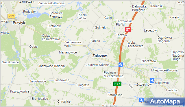 mapa Zakrzew powiat radomski, Zakrzew powiat radomski na mapie Targeo