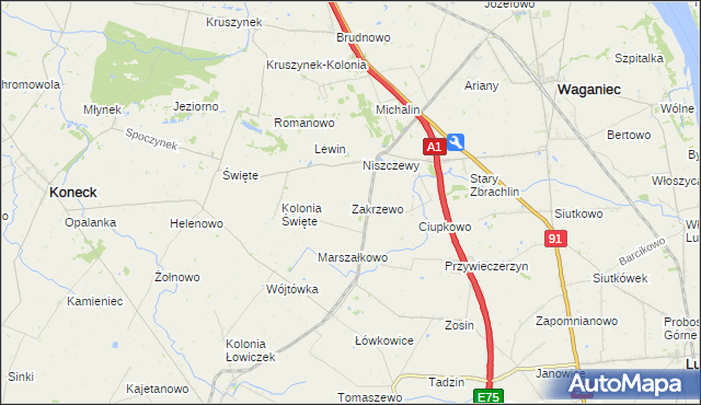 mapa Zakrzewo gmina Waganiec, Zakrzewo gmina Waganiec na mapie Targeo