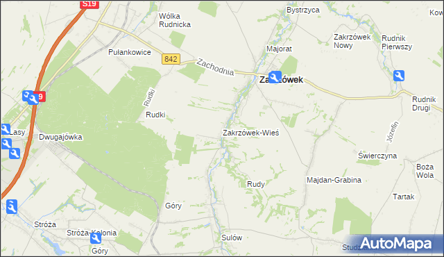 mapa Zakrzówek-Wieś gmina Zakrzówek, Zakrzówek-Wieś gmina Zakrzówek na mapie Targeo