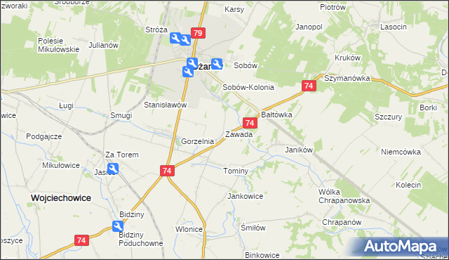 mapa Zawada gmina Ożarów, Zawada gmina Ożarów na mapie Targeo