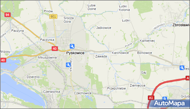 mapa Zawada gmina Zbrosławice, Zawada gmina Zbrosławice na mapie Targeo