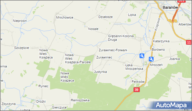 mapa Żurawiniec gmina Baranów, Żurawiniec gmina Baranów na mapie Targeo