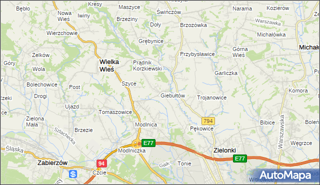 mapa Giebułtów gmina Wielka Wieś, Giebułtów gmina Wielka Wieś na mapie Targeo