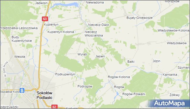 mapa Jasień gmina Repki, Jasień gmina Repki na mapie Targeo