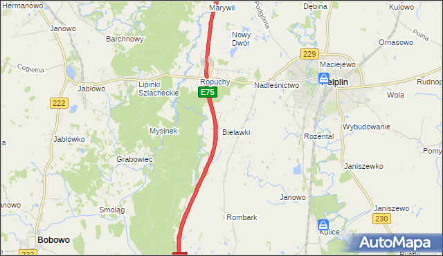 mapa Bielawki gmina Pelplin, Bielawki gmina Pelplin na mapie Targeo