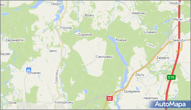 mapa Ciecholewy gmina Starogard Gdański, Ciecholewy gmina Starogard Gdański na mapie Targeo