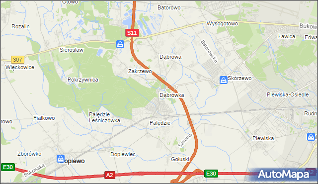 mapa Dąbrówka gmina Dopiewo, Dąbrówka gmina Dopiewo na mapie Targeo