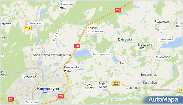 mapa Dobrogoszcz gmina Kościerzyna, Dobrogoszcz gmina Kościerzyna na mapie Targeo