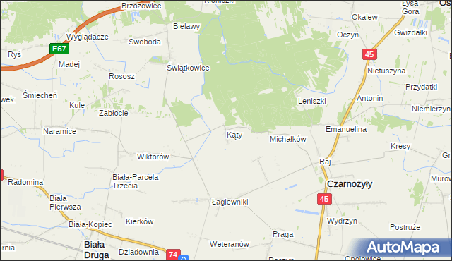 mapa Kąty gmina Czarnożyły, Kąty gmina Czarnożyły na mapie Targeo