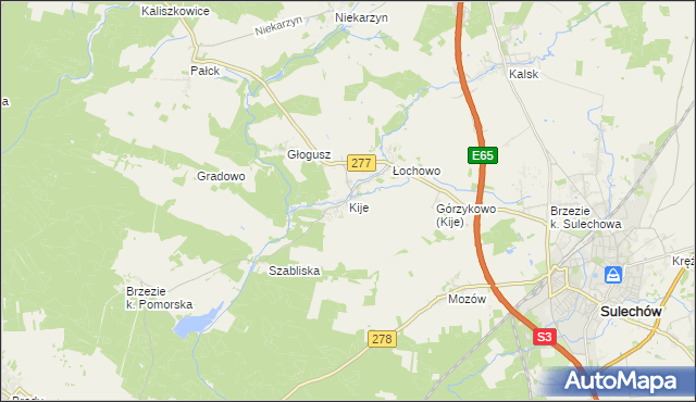 mapa Kije gmina Sulechów, Kije gmina Sulechów na mapie Targeo