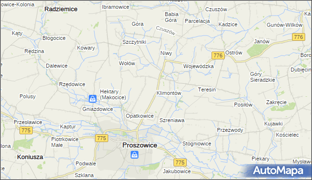 mapa Klimontów gmina Proszowice, Klimontów gmina Proszowice na mapie Targeo