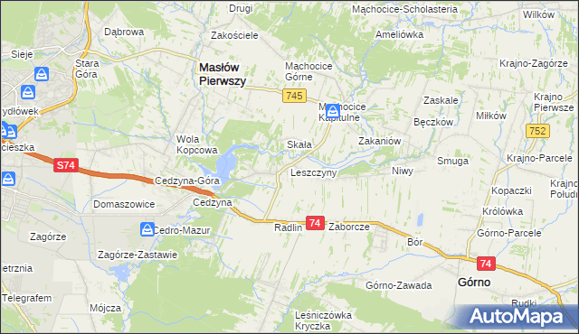 mapa Leszczyny gmina Górno, Leszczyny gmina Górno na mapie Targeo
