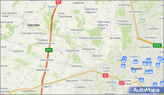 mapa Milejowice gmina Zakrzew, Milejowice gmina Zakrzew na mapie Targeo