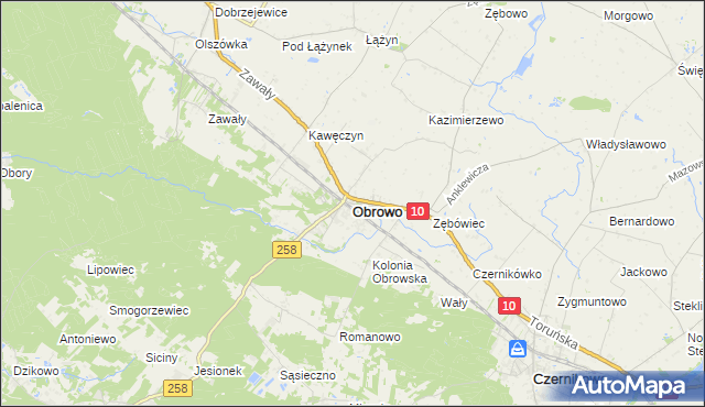 mapa Obrowo powiat toruński, Obrowo powiat toruński na mapie Targeo