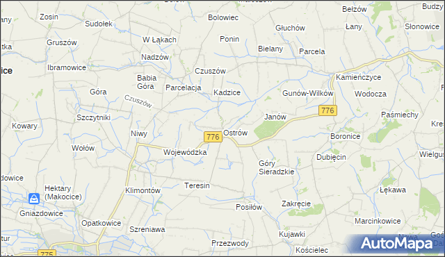 mapa Ostrów gmina Proszowice, Ostrów gmina Proszowice na mapie Targeo