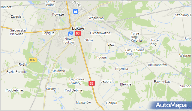 mapa Podgaj gmina Łuków, Podgaj gmina Łuków na mapie Targeo
