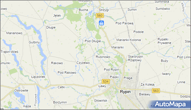 mapa Rusinowo gmina Rypin, Rusinowo gmina Rypin na mapie Targeo