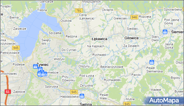 mapa Rychwałd gmina Gilowice, Rychwałd gmina Gilowice na mapie Targeo