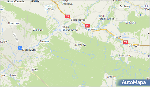 mapa Sieraków gmina Daleszyce, Sieraków gmina Daleszyce na mapie Targeo