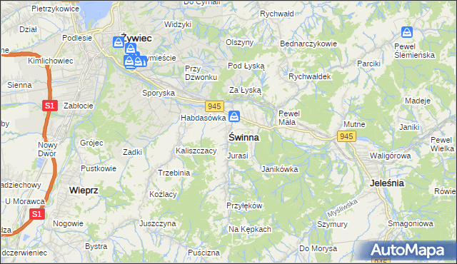 mapa Świnna powiat żywiecki, Świnna powiat żywiecki na mapie Targeo