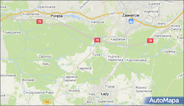 mapa Turza gmina Łazy, Turza gmina Łazy na mapie Targeo