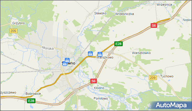 mapa Warszkowo gmina Sławno, Warszkowo gmina Sławno na mapie Targeo