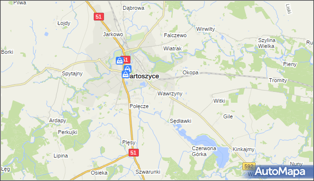 mapa Wawrzyny gmina Bartoszyce, Wawrzyny gmina Bartoszyce na mapie Targeo