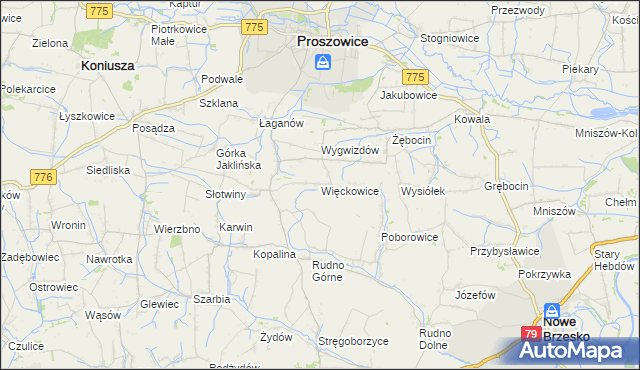 mapa Więckowice gmina Proszowice, Więckowice gmina Proszowice na mapie Targeo