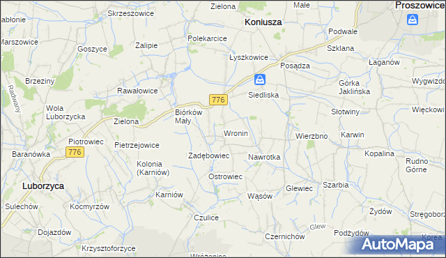 mapa Wronin gmina Koniusza, Wronin gmina Koniusza na mapie Targeo