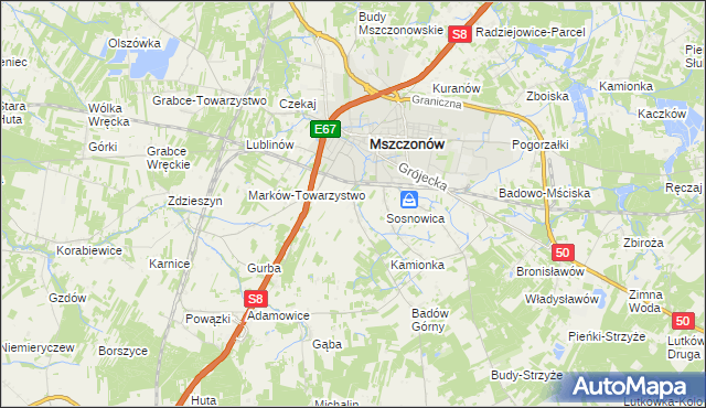 mapa Wymysłów gmina Mszczonów, Wymysłów gmina Mszczonów na mapie Targeo