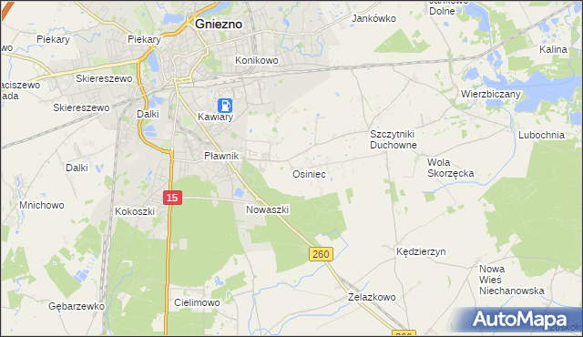 mapa Osiniec gmina Gniezno, Osiniec gmina Gniezno na mapie Targeo