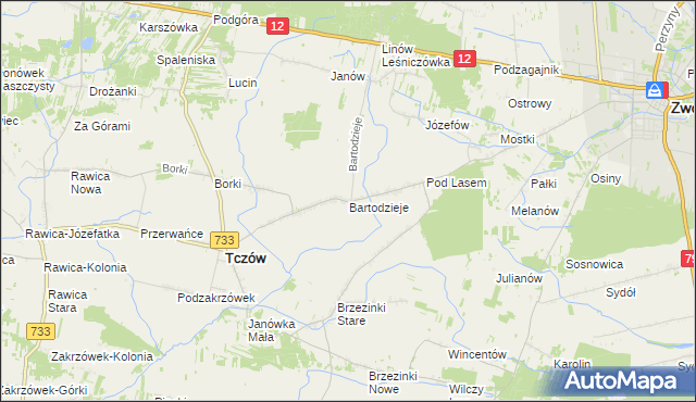 mapa Bartodzieje gmina Tczów, Bartodzieje gmina Tczów na mapie Targeo