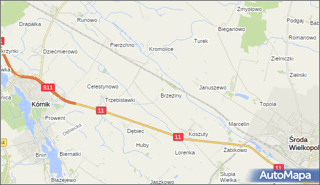mapa Brzeziny gmina Środa Wielkopolska, Brzeziny gmina Środa Wielkopolska na mapie Targeo