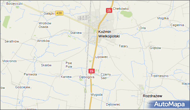 mapa Lipowiec gmina Koźmin Wielkopolski, Lipowiec gmina Koźmin Wielkopolski na mapie Targeo