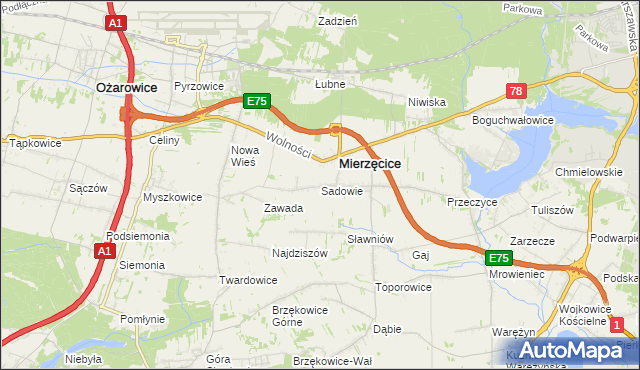 mapa Sadowie gmina Mierzęcice, Sadowie gmina Mierzęcice na mapie Targeo