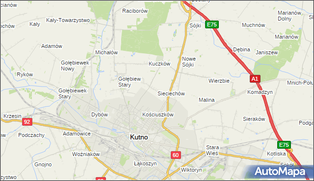 mapa Sieciechów gmina Kutno, Sieciechów gmina Kutno na mapie Targeo
