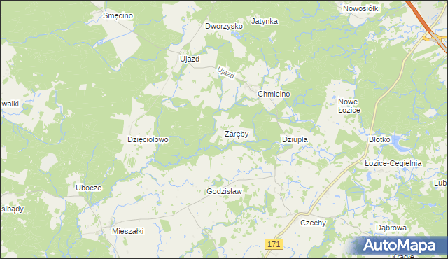 mapa Zaręby gmina Bobolice, Zaręby gmina Bobolice na mapie Targeo