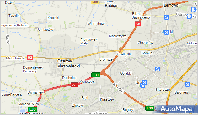 mapa Bronisze gmina Ożarów Mazowiecki, Bronisze gmina Ożarów Mazowiecki na mapie Targeo