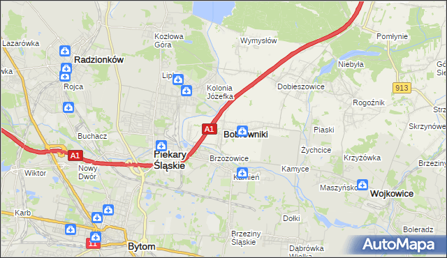 mapa Bobrowniki powiat będziński, Bobrowniki powiat będziński na mapie Targeo