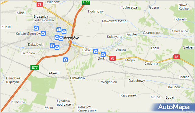 mapa Borki gmina Jędrzejów, Borki gmina Jędrzejów na mapie Targeo