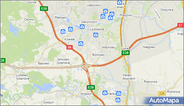 mapa Borkowo gmina Pruszcz Gdański, Borkowo gmina Pruszcz Gdański na mapie Targeo