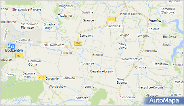 mapa Brzezie gmina Pawłów, Brzezie gmina Pawłów na mapie Targeo